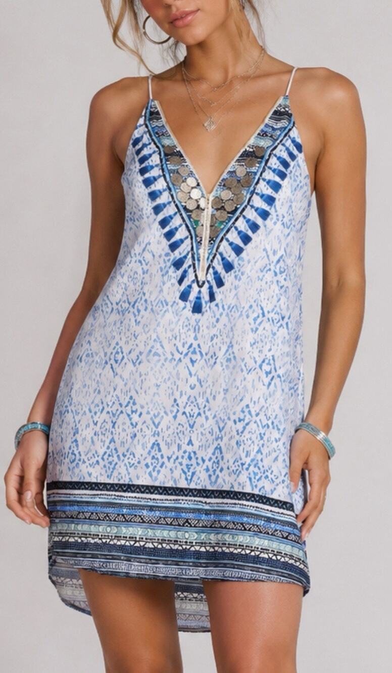 Xenia Boutique Blue White Tassel VNeck Shift Dress Tunic Women 12 Boho Beach NWT